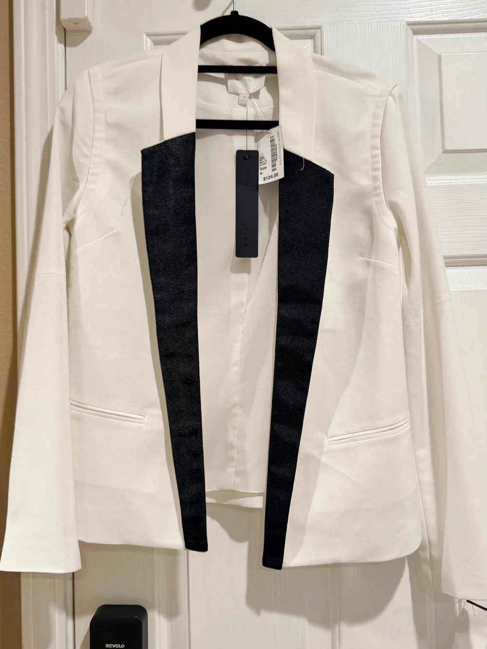 Crisp White Open-Front Blazer with Black Lapel Accents